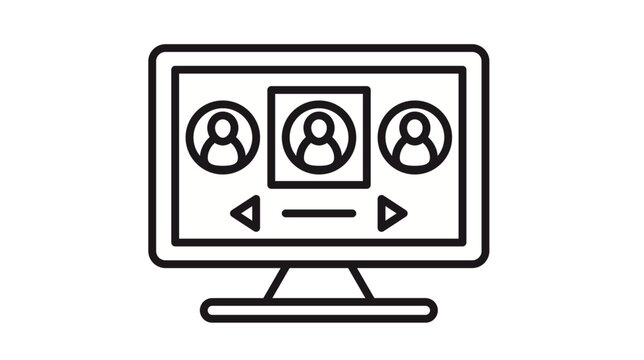 Black line vector icon illustration of a computer monitor screen displaying a user profile selection carousel with three person avatars, navigation arrows, and a scroll bar for interface design.
