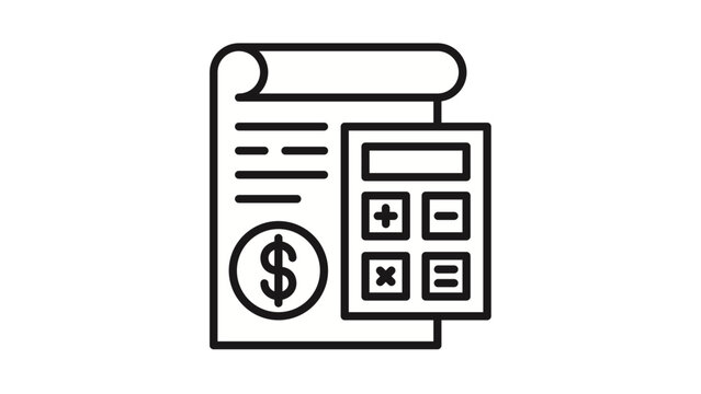 Black minimalist vector icon illustration of a financial document and a calculator, representing accounting, tax calculation, budgeting, billing, and professional business financial planning.