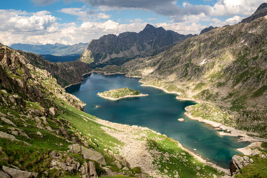 Aerial view of Lac de Mar, Alto Aran, Aran Valley, Lerida Catalonia, Spain