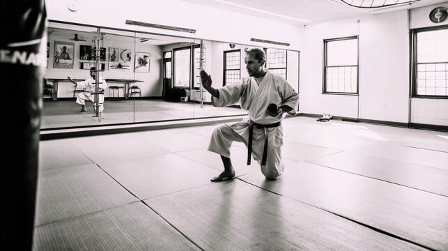 Black and White Karate Training: Mastering Martial Arts Techniques in a Dojo | Physical Fitness & Self-Defense Performance