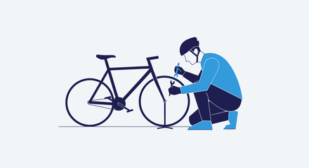 Obraz premium Cyclist repairing bicycle wheel on a stand.