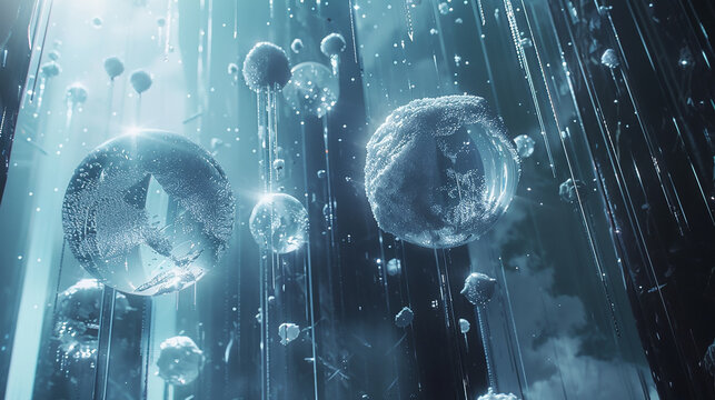 A luminous water droplet rests atop gentle ripples, reflecting warm and cool tones as sparkling bokeh surrounds it, capturing serenity, balance, and the delicate harmony between light, water, and moti