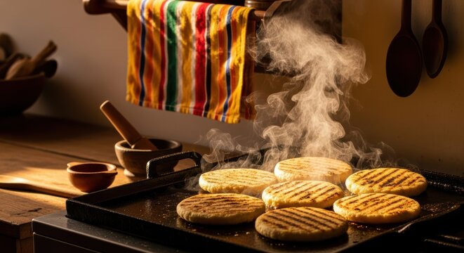 Fresh corn arepas cooking on a hot griddle with steam in a rustic kitchen