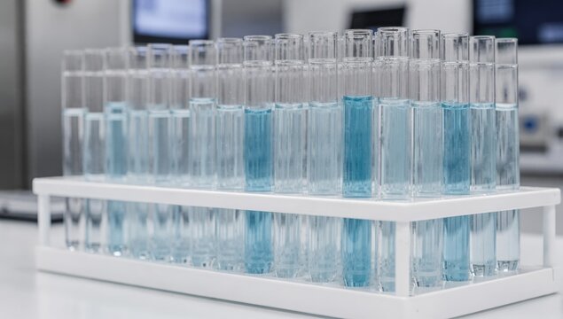 A rack of test tubes filled with blue liquid in a laboratory setting, used for medical research and scientific experiments.