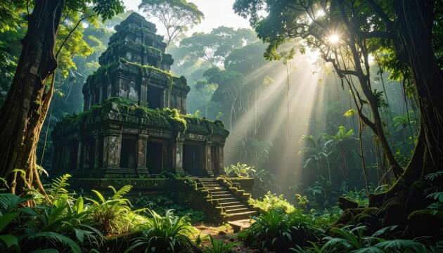 Ancient temple ruins, overgrown with moss, in a sunlit jungle setting