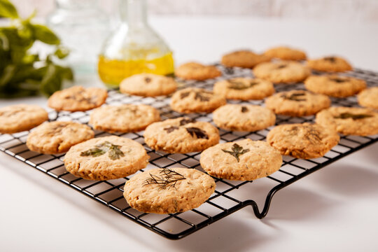 Freshly baked herb shortbread cookies with parmesan