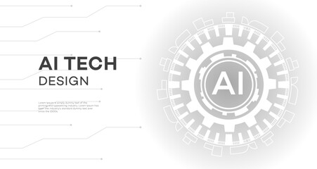 Fototapeta premium Modern AI Tech Design graphic featuring bold text, abstract connecting lines, and a central circular AI emblem within an intricate gear pattern, symbolizing innovation and data processing.