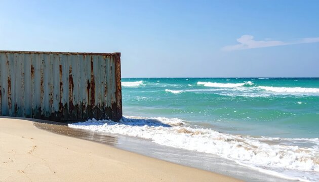 Rusty barrier on sandy beach meets ocean waves under sunny sky