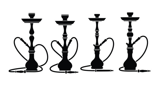 Four decorative hookah silhouettes arranged in a minimalist black and white style