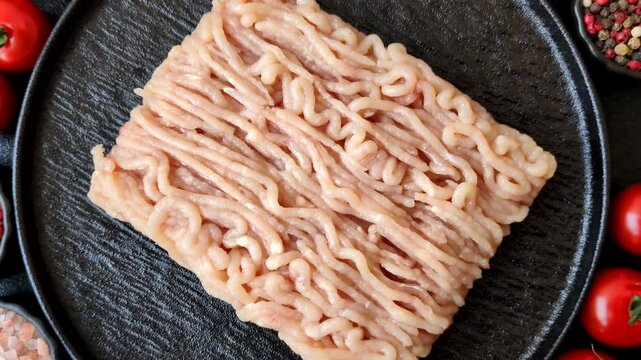 Raw fresh ground chicken, turkey, or pork for burgers or meatballs. Raw ground chicken as a food background for your design