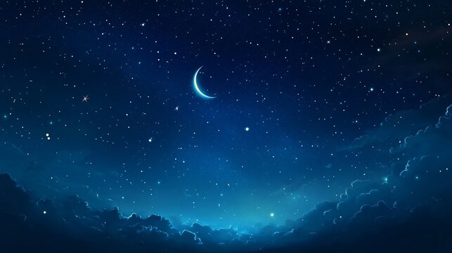 Starry Night Sky with Crescent Moon over Silhouetted Mountains in Tranquil Blue Tones