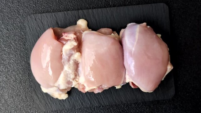 Raw chicken thigh fillet, boneless and skinless, for roasting. Raw thigh fillet as a food background for your design