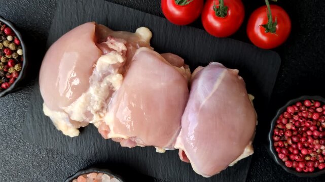 Raw chicken thigh fillet, boneless and skinless, for roasting. Raw thigh fillet as a food background for your design