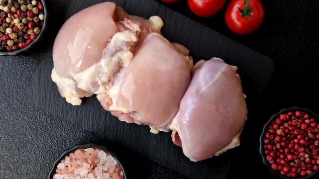 Raw chicken thigh fillet, boneless and skinless, for roasting. Raw thigh fillet as a food background for your design