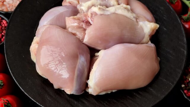 Raw chicken thigh fillet, boneless and skinless, for roasting. Raw thigh fillet as a food background for your design