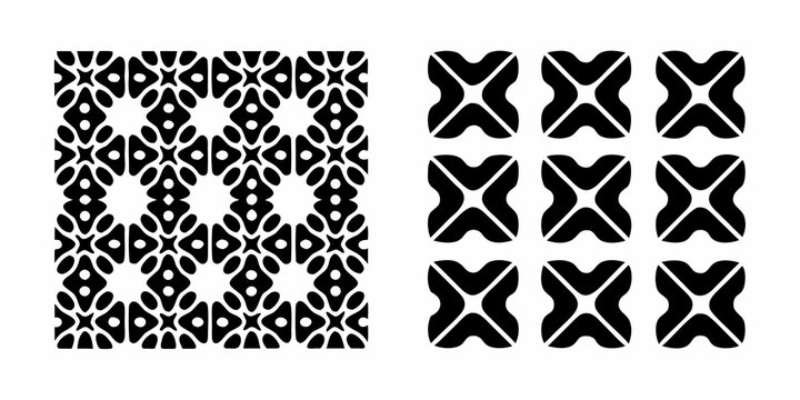 Geometric black and white pattern featuring repeating floral and cross shapes