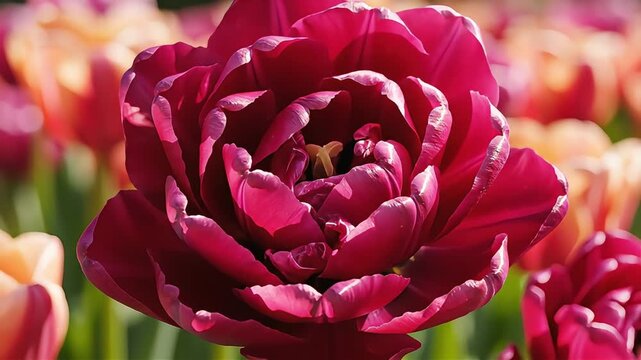 Macro Close Up of Deep Red Double Tulip Flower Petals in Spring Garden Outdoor Sunlight