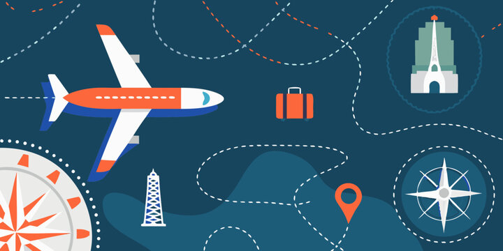 Travel icons including an airplane luggage and famous landmarks
