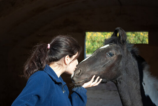 Side view of a Teenage girl standing in a stable kissing a horse on the nose