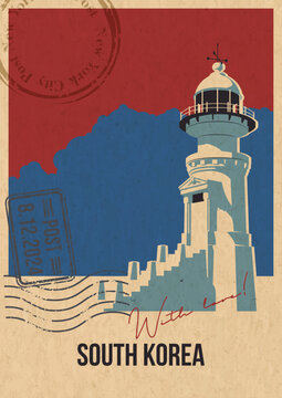 South Korea Lighthouse Attraction Postcard, Korean Light Beacon Popular Place Illustration, Vector Template Retro Style Greeting Card. Vintage Colors, Aged Paper Texture