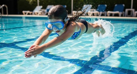 Naklejka premium young girl in blue swimming goggles diving into a swimming pool water active lifestyle athletic kid 