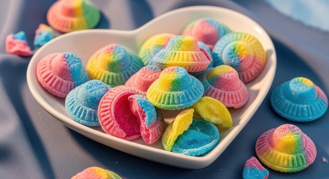 Colorful rainbow macarons in a heart shaped white ceramic bowl on a blue table with sweet treats sca