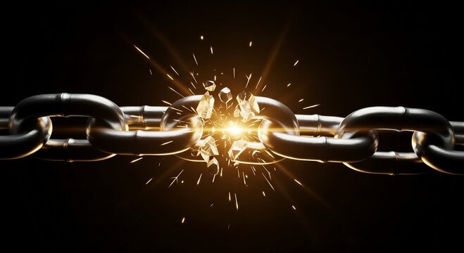 A metal chain link breaks apart with a burst of golden sparks