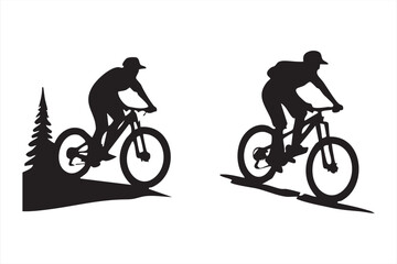 Fototapeta premium Cyclists riding mountain bikes on terrain with trees and slopes