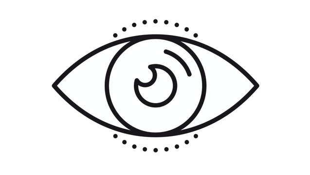 Minimalist black vector eye icon with dotted eyelashes and crescent reflection, isolated on white background. Clean graphic symbol for vision, sight, observation, and surveillance design.