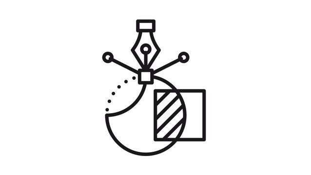 Minimalist black vector icon illustration of a graphic design pen tool with anchor points and handles creating a bezier curve, featuring geometric shapes like a circle and striped square.