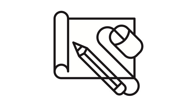 Minimalist black line vector icon illustration of a blueprint scroll with a pencil and computer mouse, representing digital design, architecture, engineering, and creative CAD software.