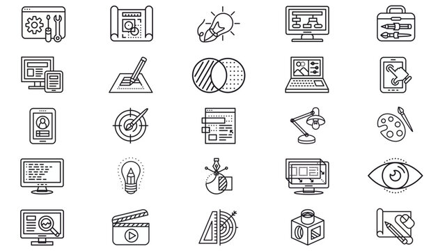 Vector Icon Set of 25 Black Minimalist Symbols for Web Design, Software Development, Creative Arts, Architecture, Engineering, Business Planning, UI UX Interface, and Digital Technology Concepts.