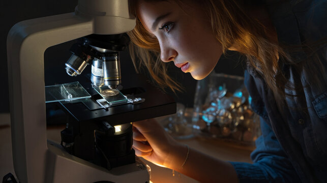 Female Student Scientist Conducts Microscope Research in Laboratory: Academic Exploration and Microscopic Analysis in Science Education