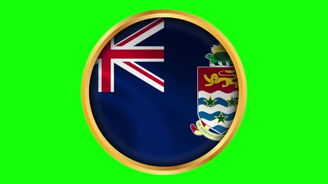 Cayman Islands Round Framed Wavy Flag. Circular Blowing Flag of Territory with Gold Frame.