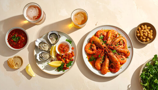 A vibrant overhead shot showcases a delicious seafood spread with oysters, shrimp, and accompaniments.