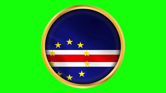 Cape Verde Round Framed National Wavy Flag. Circular Blowing Flag of Cabo Verde with Gold Frame.