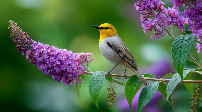 Slow motion tracking shot of small yellow headed songbird perched feeding on purple buddleia branch in garden with green bokeh background