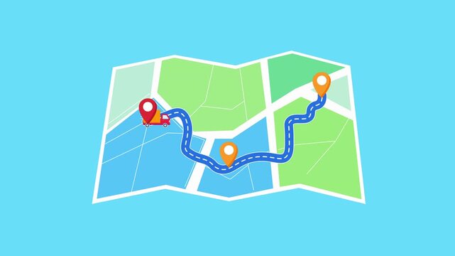 Animated video of a folded map showing GPS route with navigation path and delivery pins. Represents logistics tracking, shipment routes, and real time navigation system.