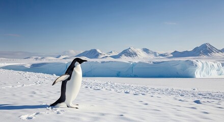 Obraz premium Penguin standing on snow near mountains and a bright blue sky background