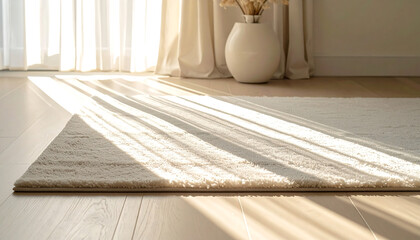 Obraz premium Soft carpet with sunlight patterns creating warm shapes on floor. Minimal cozy interior detail.