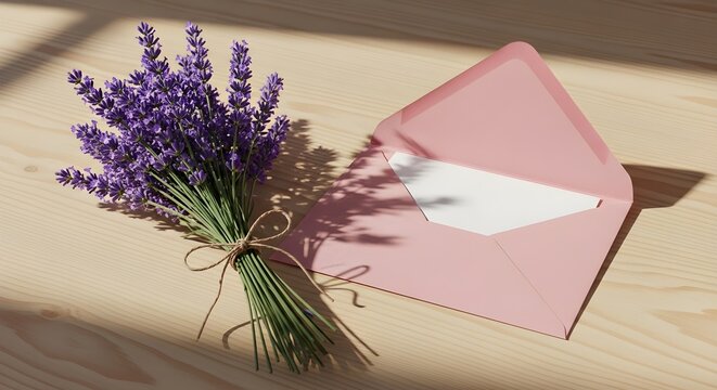 Open pink envelope with a blank white card and a bouquet of lavender flowers on a wooden table
