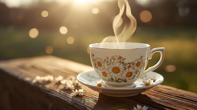 Herbal chamomile tea in a vintage porcelain cup surrounded by tiny white flowers, set on natural wood surface outdoors, gentle spring breeze ambiance with warm golden light and dreamy bokeh background