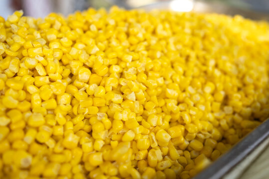 Close Up of Fresh Sweet Corn Kernels in Metal Tray