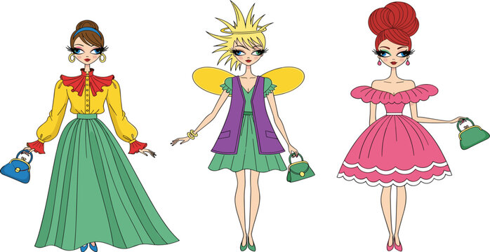 Cute fairy princess characters vector illustration featuring magical girls with wings wands and colorful dresses fantasy cartoon set isolated