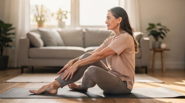 Woman stretching on yoga mat in bright living room at home