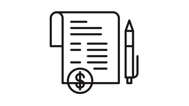 Black vector icon illustration of a document with text lines, a pen for signing, and a circular seal or stamp at the bottom, representing a contract, agreement, or official business paper.