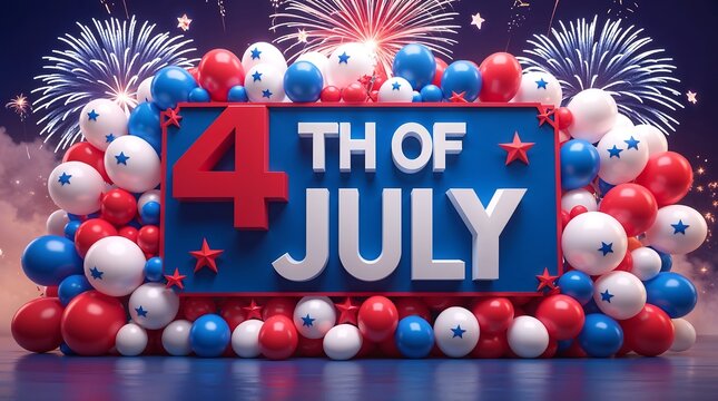 Red white and blue balloons and fireworks for 4th of july celebration