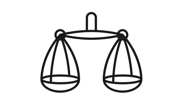 Minimalist black line art vector icon illustration of a balance scale, symbolizing justice, law, equality, and measurement. Clean graphic design with two weighing pans hanging from a beam.