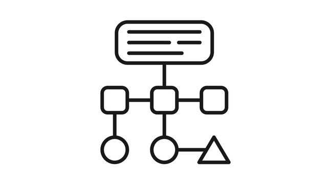 Minimalist black line vector icon of a flowchart or organizational structure diagram, depicting a hierarchical process with boxes, circles, and a triangle connected by lines for planning.
