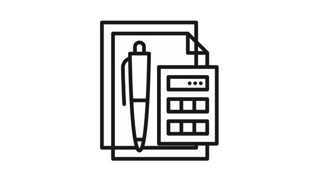 Monochrome assembly of a writing instrument, arithmetic machine, and record sheets, illustrating fiscal auditing, ledger maintenance, and corporate organizational duties.